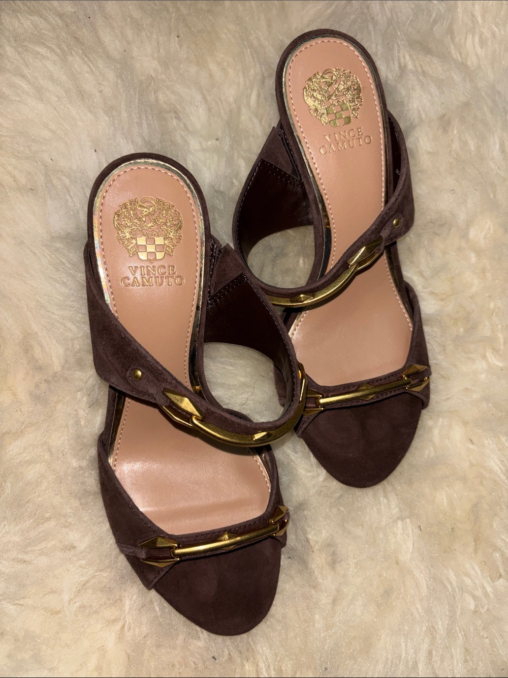 🆕Vince Camuto Dark Brown Suede Slide Mules with Gold Hardware